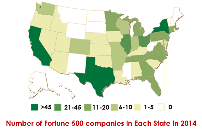 Number of Fortune 500 companies in Each State in 2014